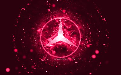 Mercedes-Benz pink logo, 4k, pink neon lights, creative, pink abstract background, Mercedes-Benz logo, cars brands, Mercedes-Benz