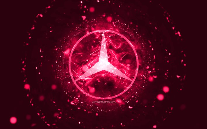 Mercedes-Benz vaaleanpunainen logo, 4k, vaaleanpunaiset neon valot, luova, vaaleanpunainen abstrakti tausta, Mercedes-Benz logo, automerkit, Mercedes-Benz
