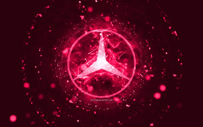 mercedes-benz rosa logo, 4k, rosa neonlichter, kreativer, rosa abstrakter hintergrund, mercedes-benz logo, automarken, mercedes-benz