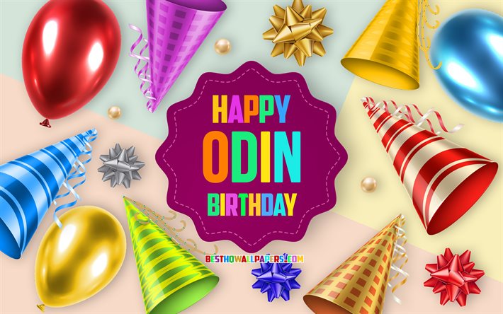 Joyeux anniversaire Odin, 4k, fond de ballon d&#39;anniversaire, Odin, art cr&#233;atif, joyeux anniversaire d&#39;Odin, noeuds en soie, anniversaire d&#39;Odin, fond de f&#234;te d&#39;anniversaire