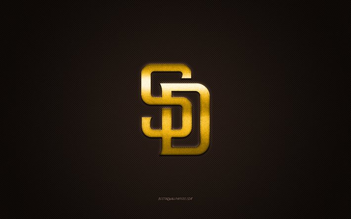 San Diego Padres emblem, American baseball club, yellow logo, brown carbon fiber background, MLB, San Diego Padres Insignia, baseball, San Diego, USA, San Diego Padres