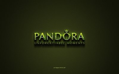 Pandora logo, green creative logo, floral art logo, Pandora emblem, green carbon fiber texture, Pandora, creative art