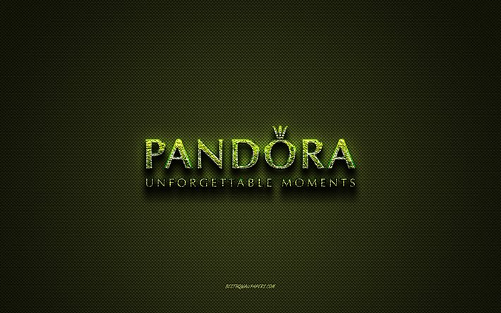 Pandora logo, green creative logo, floral art logo, Pandora emblem, green carbon fiber texture, Pandora, creative art