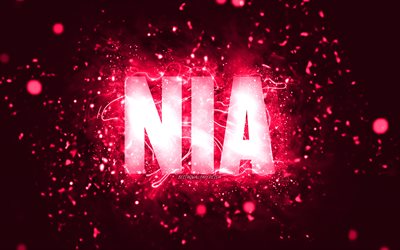 Happy Birthday Nia, 4k, pink neon lights, Nia name, creative, Nia Happy Birthday, Nia Birthday, popular american female names, picture with Nia name, Nia