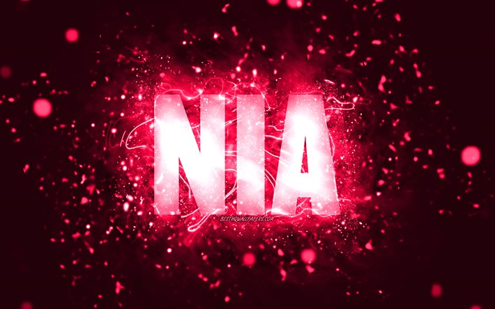 Feliz anivers&#225;rio Nia, 4k, luzes de n&#233;on rosa, nome Nia, criativo, Nia Feliz anivers&#225;rio, Nia anivers&#225;rio, nomes femininos americanos populares, foto com o nome Nia, Nia