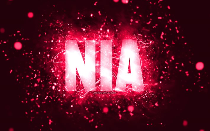 alles gute zum geburtstag nia, 4k, rosa neonlichter, nia name, kreativ, nia alles gute zum geburtstag, nia geburtstag, beliebte amerikanische weibliche namen, bild mit nia namen, nia