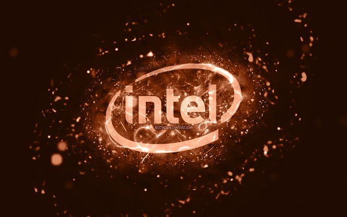 Intel logo marrone, 4k, luci al neon marroni, creativo, sfondo marrone astratto, logo Intel, marchi Intel