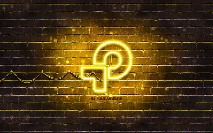 TP-Link logo giallo, 4k, muro di mattoni giallo, logo TP-Link, marchi, logo neon TP-Link, TP-Link