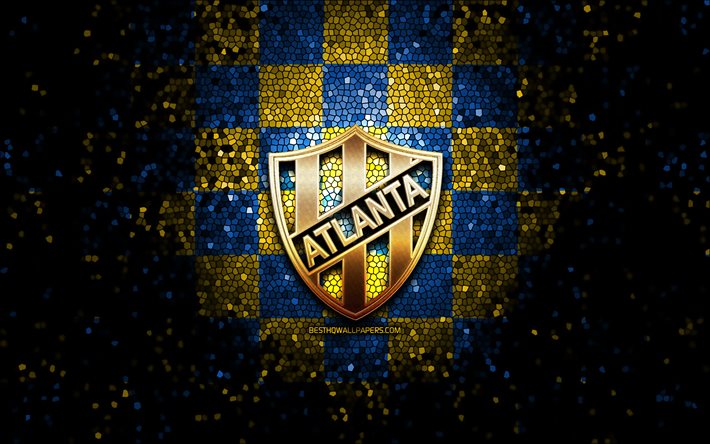 Club Atletico Atlanta, logotipo com glitter, Primera Nacional, fundo xadrez azul amarelo, futebol, clube de futebol argentino, logotipo do CA Atlanta, arte em mosaico, Atlanta FC, CA Atlanta