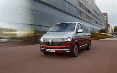 Volkswagen Multivan, 2021, 4k, vue de face, extérieur, blanc rouge Multivan, voitures allemandes, Multivan T6, Volkswagen