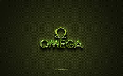 Omega logo, green creative logo, floral art logo, Omega emblem, green carbon fiber texture, Omega, creative art