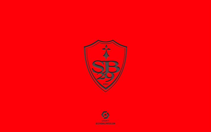 Stade Brestois 29, sfondo rosso, squadra di calcio francese, Stade Brestois 29 emblema, Ligue 1, Brest, Francia, calcio, Stade Brestois 29 logo