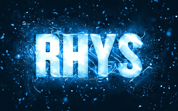 Buon Compleanno Rhys, 4k, luci al neon blu, nome Rhys, creativo, Rhys Buon Compleanno, Rhys Compleanno, nomi maschili americani popolari, foto con nome Rhys, Rhys