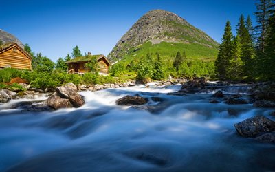 bergsflod, morgon, soluppgång, berg, bergslandskap, trähus, Norge