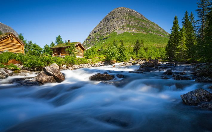 vuoristojoki, aamu, auringonnousu, vuori, vuoristomaisema, puutalot, Norja