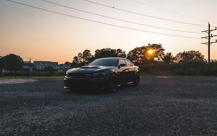 2021, Dodge Charger SRT, vue de face, ext&#233;rieur, berline noire, Charger tuning, voitures am&#233;ricaines, Dodge