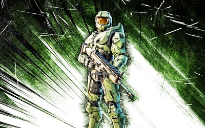 4k, Master Chief, art grunge, Fortnite Battle Royale, personnages Fortnite, rayons abstraits verts, Master Chief Skin, Fortnite, Master Chief Fortnite