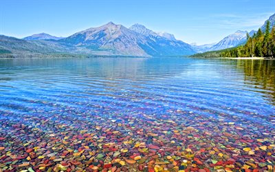 4k, McDonald Lake, colorful stones, summer, american landmarks, beautiful nature, mountains, HDR, Glacier National Park, America, USA