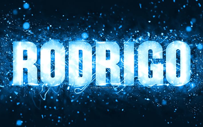 Parab&#233;ns Rodrigo, 4k, luzes neon azuis, nome Rodrigo, criativo, Rodrigo Parab&#233;ns, Rodrigo Anivers&#225;rio, nomes masculinos populares americanos, foto com o nome Rodrigo, Rodrigo