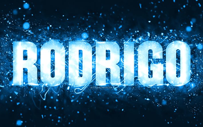 Happy Birthday Rodrigo, 4k, blue neon lights, Rodrigo name, creative, Rodrigo Happy Birthday, Rodrigo Birthday, popular american male names, picture with Rodrigo name, Rodrigo