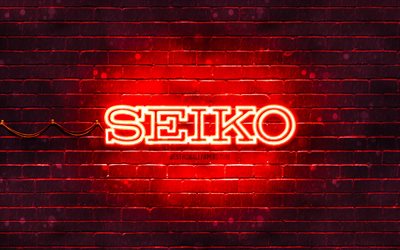 Logotipo vermelho Seiko, 4k, parede de tijolos vermelhos, logotipo Seiko, marcas, logotipo Seiko neon, Seiko