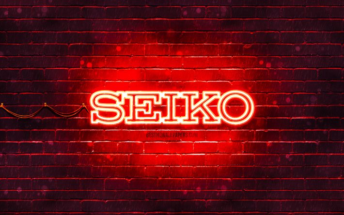 Seiko logo rosso, 4k, muro di mattoni rosso, logo Seiko, marchi, logo Seiko neon, Seiko