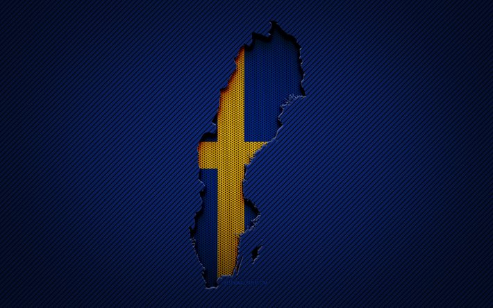 Sweden map, 4k, European countries, Swedish flag, blue carbon background, Sweden map silhouette, Sweden flag, Europe, Swedish map, Sweden, flag of Sweden