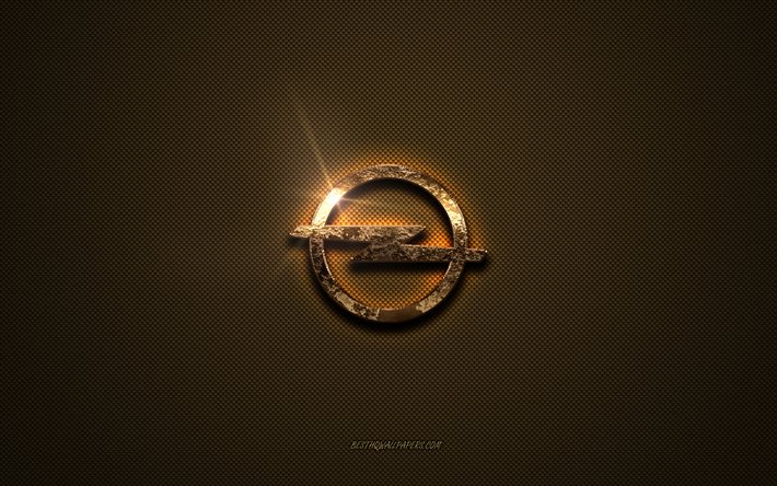 Logotipo dourado da Opel, ilustra&#231;&#245;es, fundo de metal marrom, emblema da Opel, logotipo da Opel, marcas, Opel