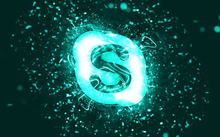 Skype turquoise logo, 4k, turquoise neon lights, creative, turquoise abstract background, Skype logo, brands, Skype