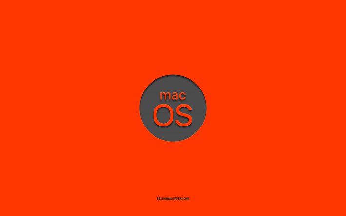 Logo orange MacOS, 4k, minimalisme, fond orange, macOS, OS, logo macOS, embl&#232;me macOS