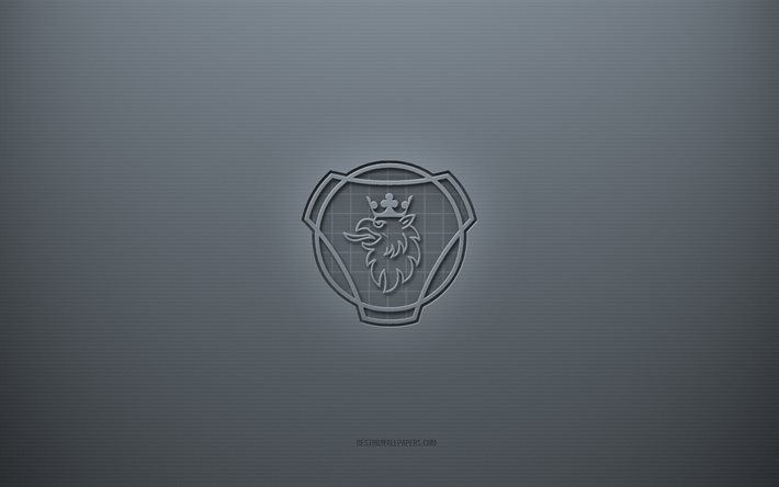 Logo Scania, sfondo grigio creativo, emblema Scania, trama di carta grigia, Scania, sfondo grigio, logo Scania 3d