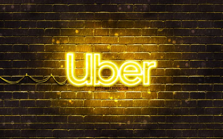 Logotipo amarelo Uber, 4k, parede de tijolos amarelos, logotipo Uber, marcas, logotipo Uber neon, Uber