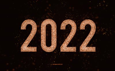 Happy New Year 2022, orange glitter art, 2022 New Year, 2022 orange glitter background, 2022 concepts, black background, 2022 greeting card