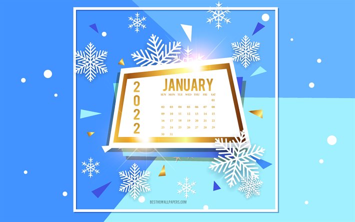 Calendario de enero de 2022, 4k, fondo azul de invierno, calendarios de invierno, calendario de enero de 2022, marco dorado, enero de 2022 conceptos