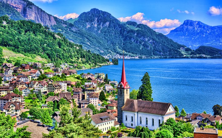 Lucerne, HDR, swiss cities, cityscapes, mountains, Switzerland, Lake Lucerne, Europe