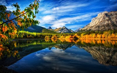Kanada, sonbahar, dağlar, kayalar, g&#246;l, orman, g&#252;zel bir doğa, Kuzey Amerika, HDR