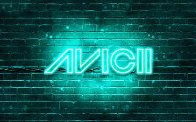 Logotipo turquesa do Avicii, 4k, superstars, DJs suecos, parede de tijolos turquesa, logotipo do Avicii, Tim Bergling, Avicii, estrelas da música, logotipo do néon do Avicii