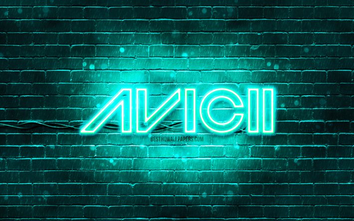 Logotipo turquesa do Avicii, 4k, superstars, DJs suecos, parede de tijolos turquesa, logotipo do Avicii, Tim Bergling, Avicii, estrelas da m&#250;sica, logotipo do n&#233;on do Avicii