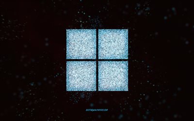 windows 11 glitzer-logo, schwarzer hintergrund, windows 11-logo, blaue glitzer-kunst, windows 11, kreative kunst, windows 11 blaues glitzer-logo, windows-logo, windows