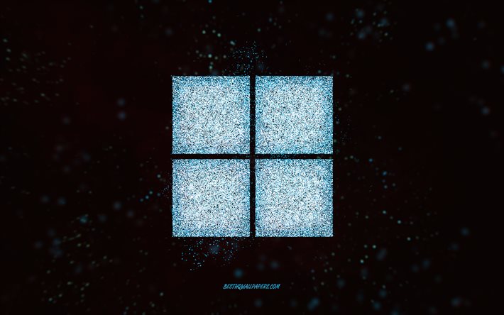Logo paillet&#233; Windows 11, fond noir, logo Windows 11, art bleu paillet&#233;, Windows 11, art cr&#233;atif, logo paillet&#233; bleu Windows 11, logo Windows, Windows