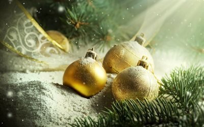 Christmas, golden balls, xmas tree, New Year