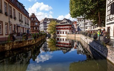 Strasbourg, kanalen, street, sommar, Frankrike