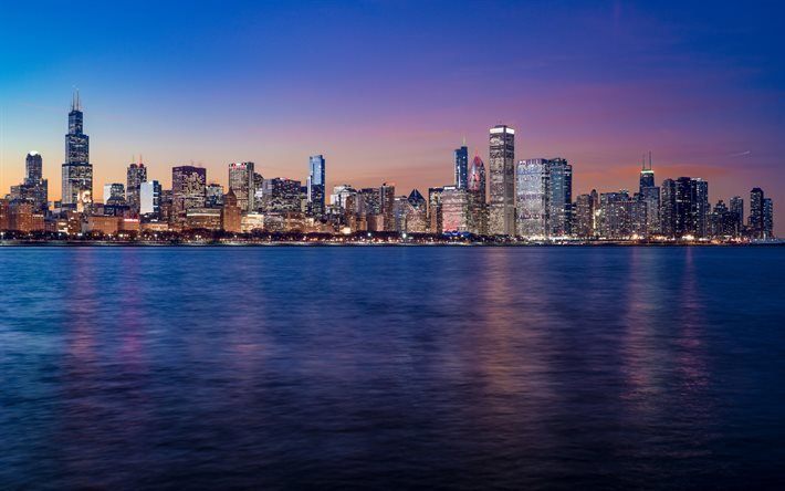 Chicago, stadsbilden, kv&#228;ll, skyskrapor, Lake Michigan, Illinois, USA