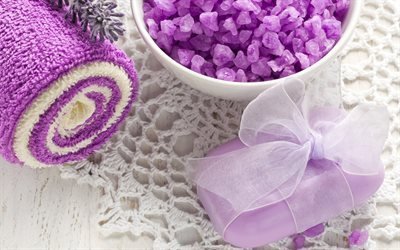 spa, wellness, lavender soap, salt, purple towel