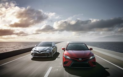 Toyota Camry, 4k, 2018 voitures, la nouvelle camry, le flou de mouvement, les voitures japonaises, Toyota