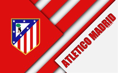 أتلتيكو مدريد FC, 4K, الاسباني لكرة القدم, أتلتيكو شعار, تصميم المواد, الأحمر الأبيض التجريد, كرة القدم, الدوري الاسباني, مدريد, إسبانيا