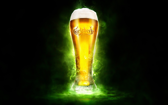 Carlsberg, 4k, beer, green smoke, glass
