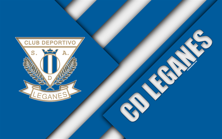 CD Leganes, 4K, Clube de futebol espanhol, logo, azul branco abstra&#231;&#227;o, design de material, futebol, La Liga, Leganes, Espanha