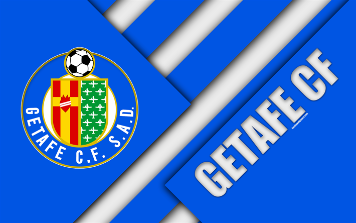 Getafe CF, 4K, sininen valkoinen abstraktio, Espanjan football club, Getafe-logo, materiaali suunnittelu, jalkapallo, La Liga, Getafe, Espanja