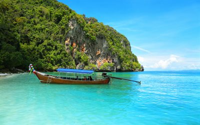 Tail&#226;ndia, Phuket, barco, ilhas tropicais, oceano, praia, rochas, costa